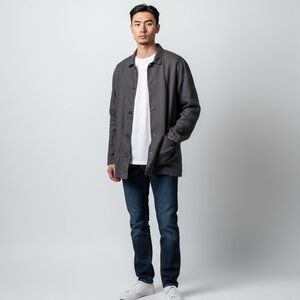 Muji 100% Linen Shirt Jacket Men XL Long Sleeve Chore Pockets Dark Cocoa Brown